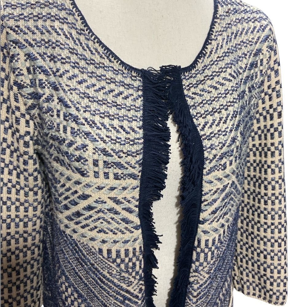 Lucky Brand Open Front Blue Cardigan Sweater Fringe Trim Geometric Size Medium - Picture 2 of 8